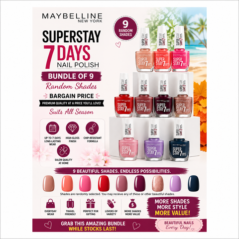 Maybelline Superstay 7 Days Nail Polish Bundle – 9 Random Shades Set | Long Lasting, Chip Resistant, High Gloss Finish | Bargain Value Multi-Pack