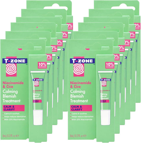 T-Zone 12 x 8ml Multipack of 10% Niacinamide & Cica Calming Blemish Treatment, Helps Reduce Blemishes and Spots, Calms & Soothes Irritated Skin